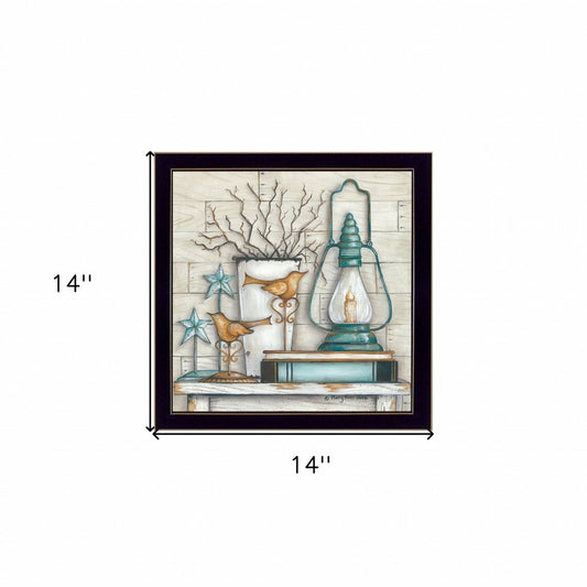 Lantern on Books 1 Black Framed Print Wall Art