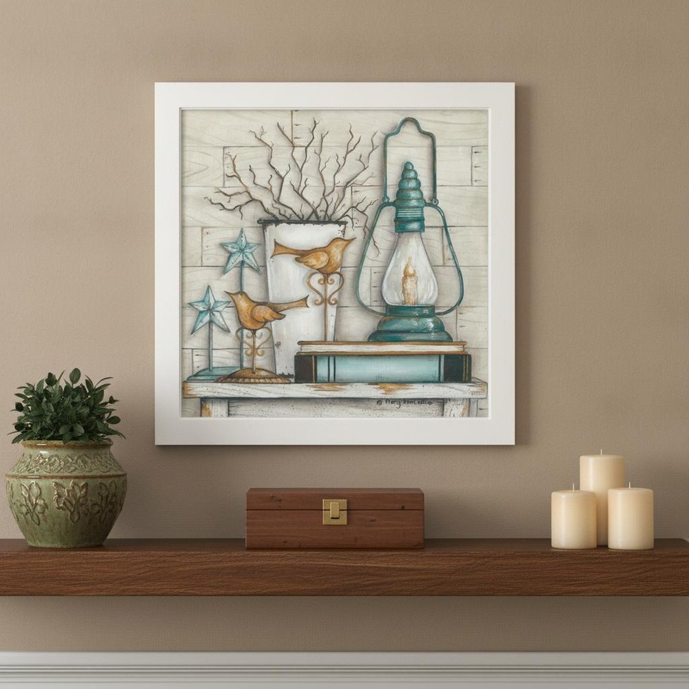 Lantern on Books 2 White Framed Print Wall Art