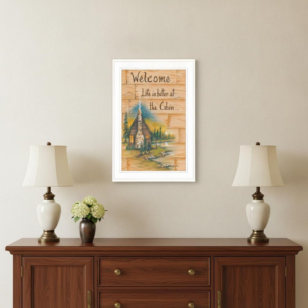 Life is Better at the Cabin 1 White Framed Print Wall Art