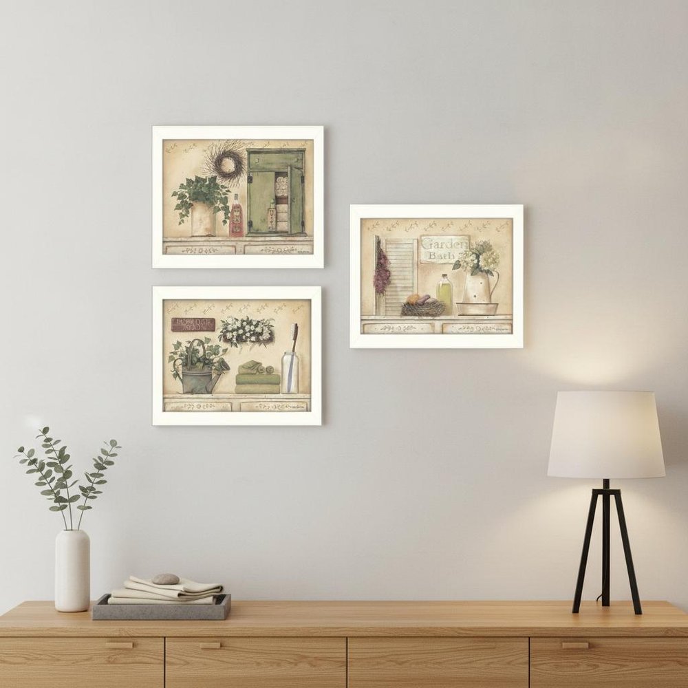 Set Of Three Garden Bath 2 White Framed Print Bathroom Wall Art
