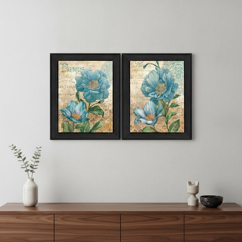 Set Of Two Paris Floral Postcard Black Framed Print Wall Art