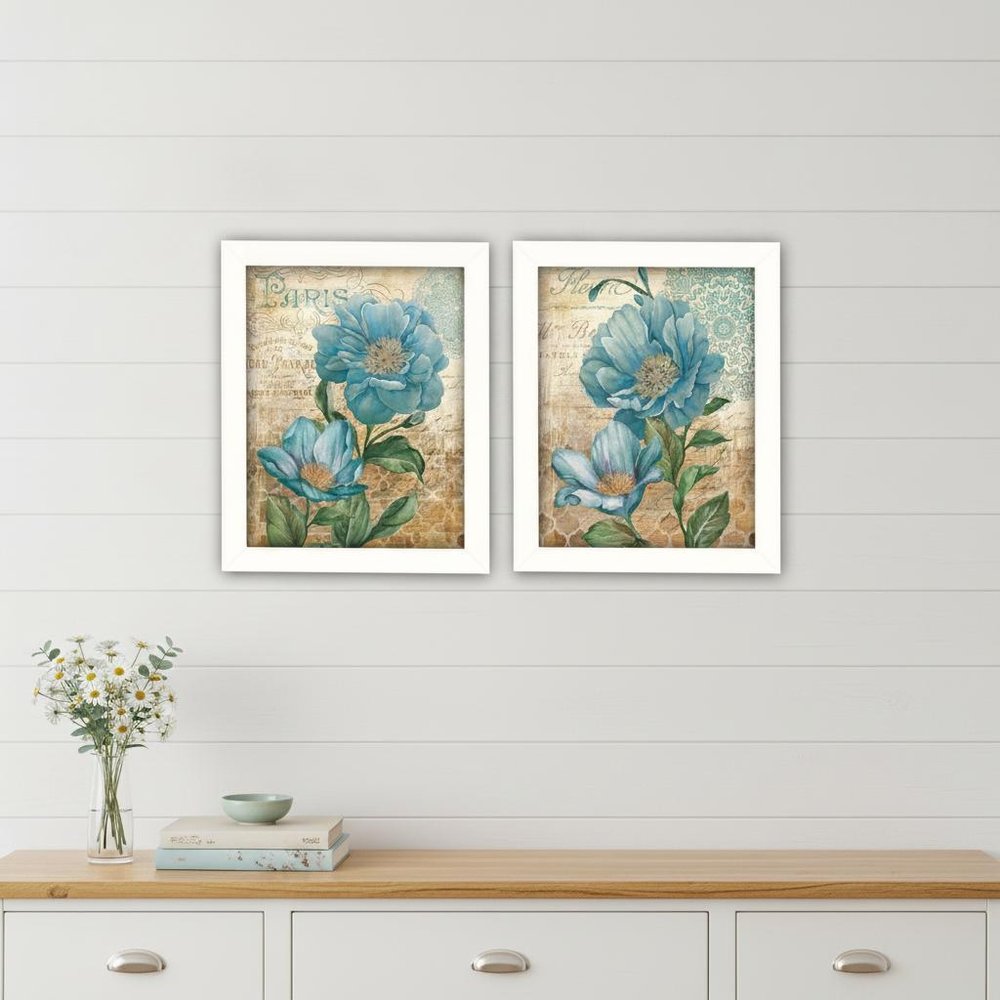 Set Of Two Paris Floral Postcard White Framed Print Wall Art