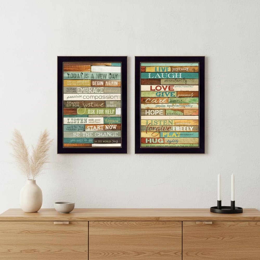 Set Of Two Today is a New Day Faux Wood Slat Black Framed Print Wall Art
