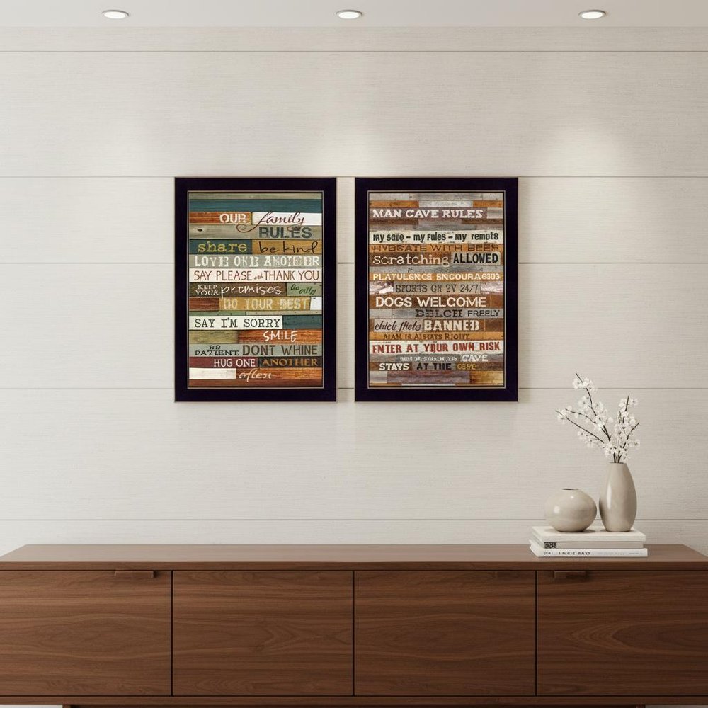 Set Of Two Family and Man Cave Rules 1 Black Framed Print Wall Art