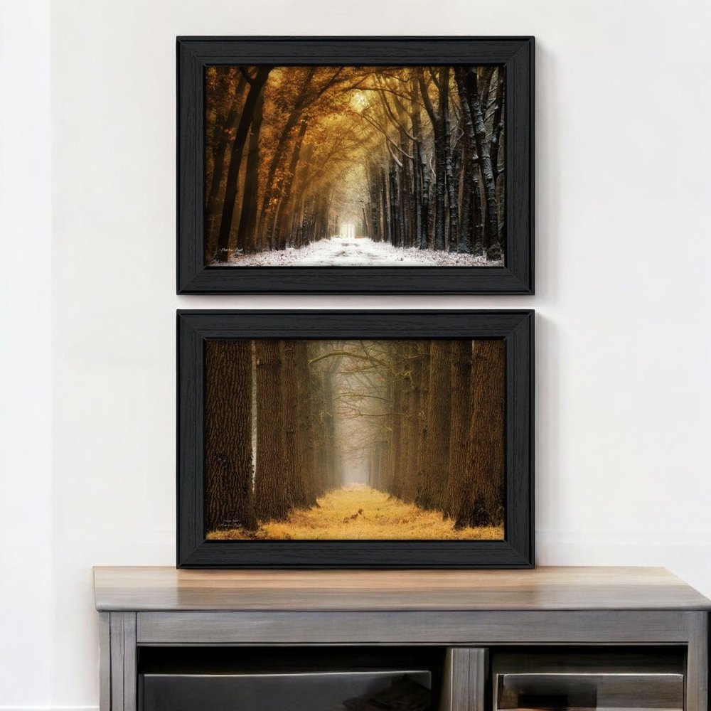 Set Of Two Golden Forest Path Black Framed Wall Art
