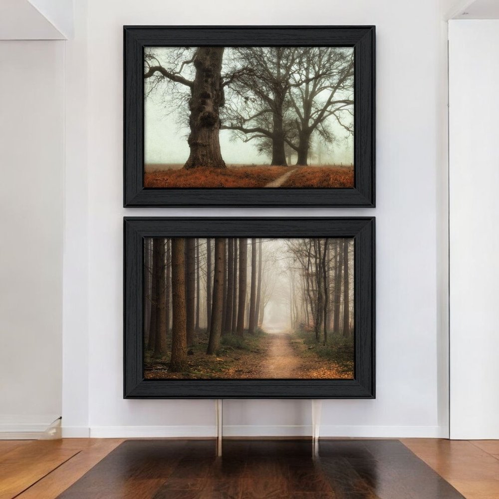 Set Of Two Misty Trees Black Framed Wall Art