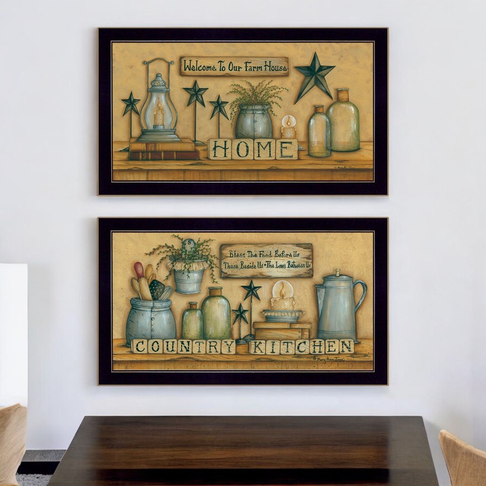 Set Of Two Country Welcome Black Framed Kitchen Wall Art