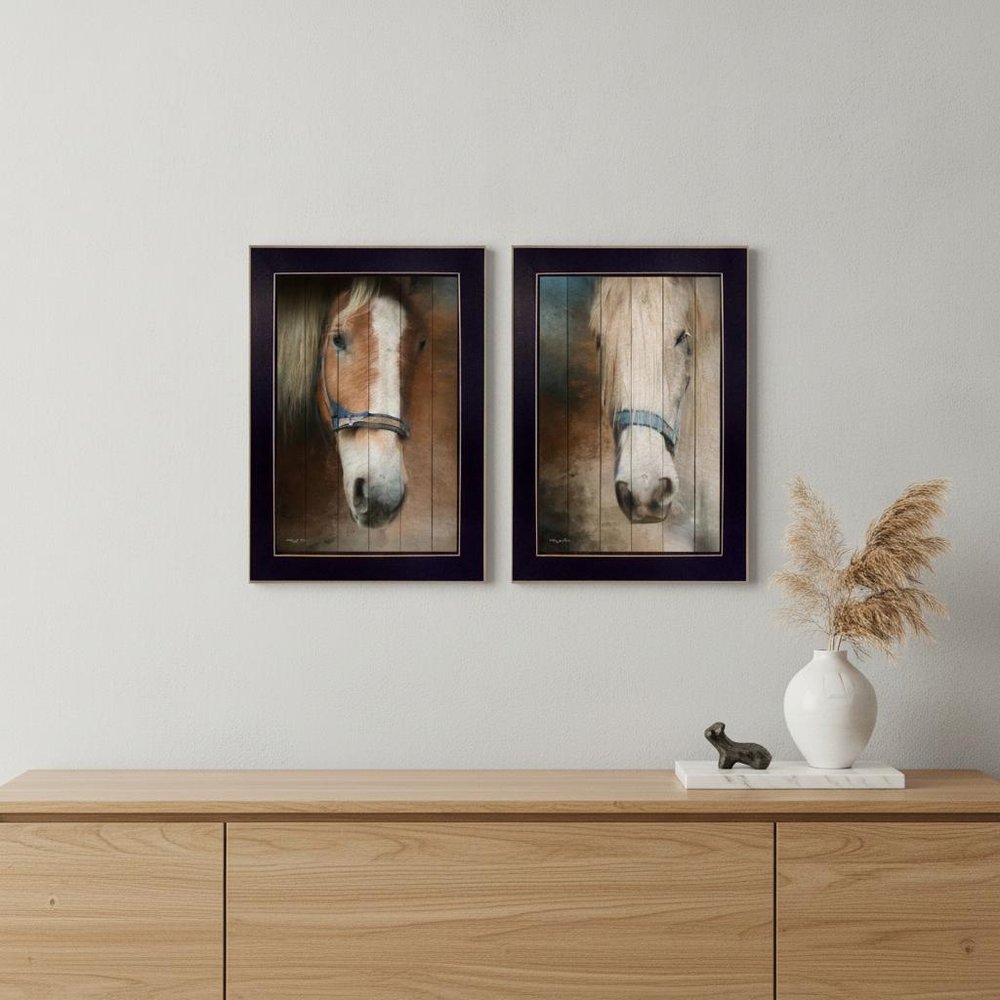 Set Of Two Two Horses Black Framed Print Wall Art