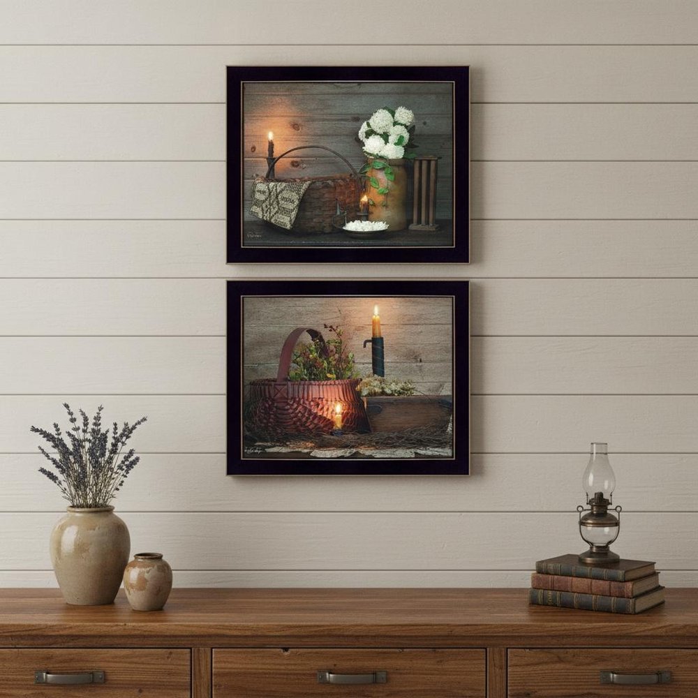 Set Of Two Baskets and Flowers Black Framed Print Wall Art