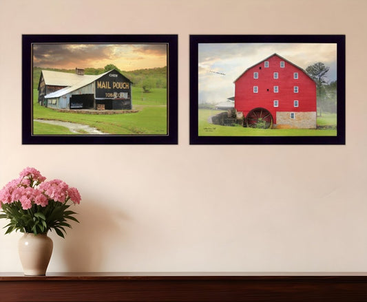 Set Of Two Mail Pouch Red Barn and Mill Black Framed Print Wall Art