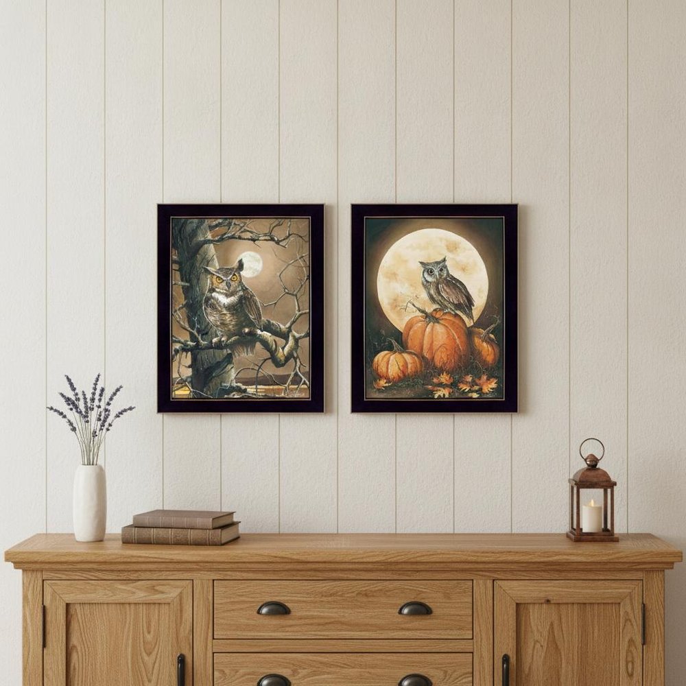 Set Of Two Autumn Owls Black Framed Print Wall Art
