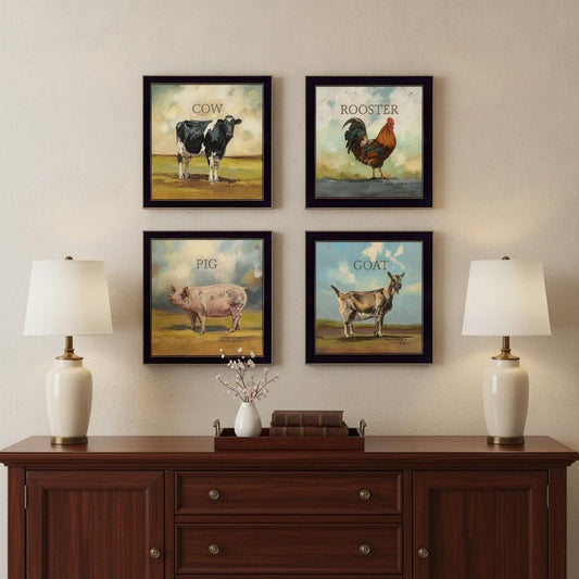Set Of Four Farm Animals 1 Black Framed Print Wall Art
