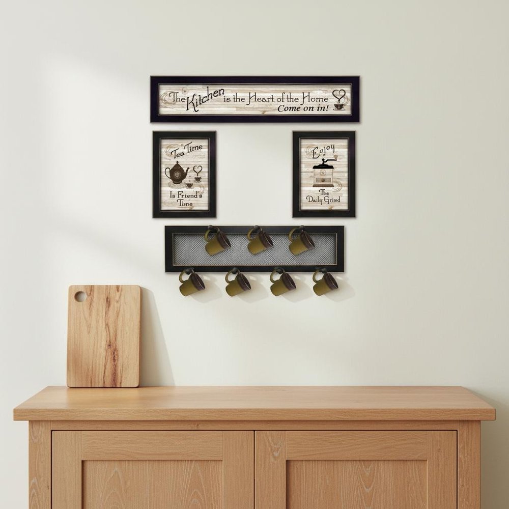 Set Of Four Kitchen Collection IV with Seven Peg Mug Rack 3 Black Framed Kitchen Wall Art