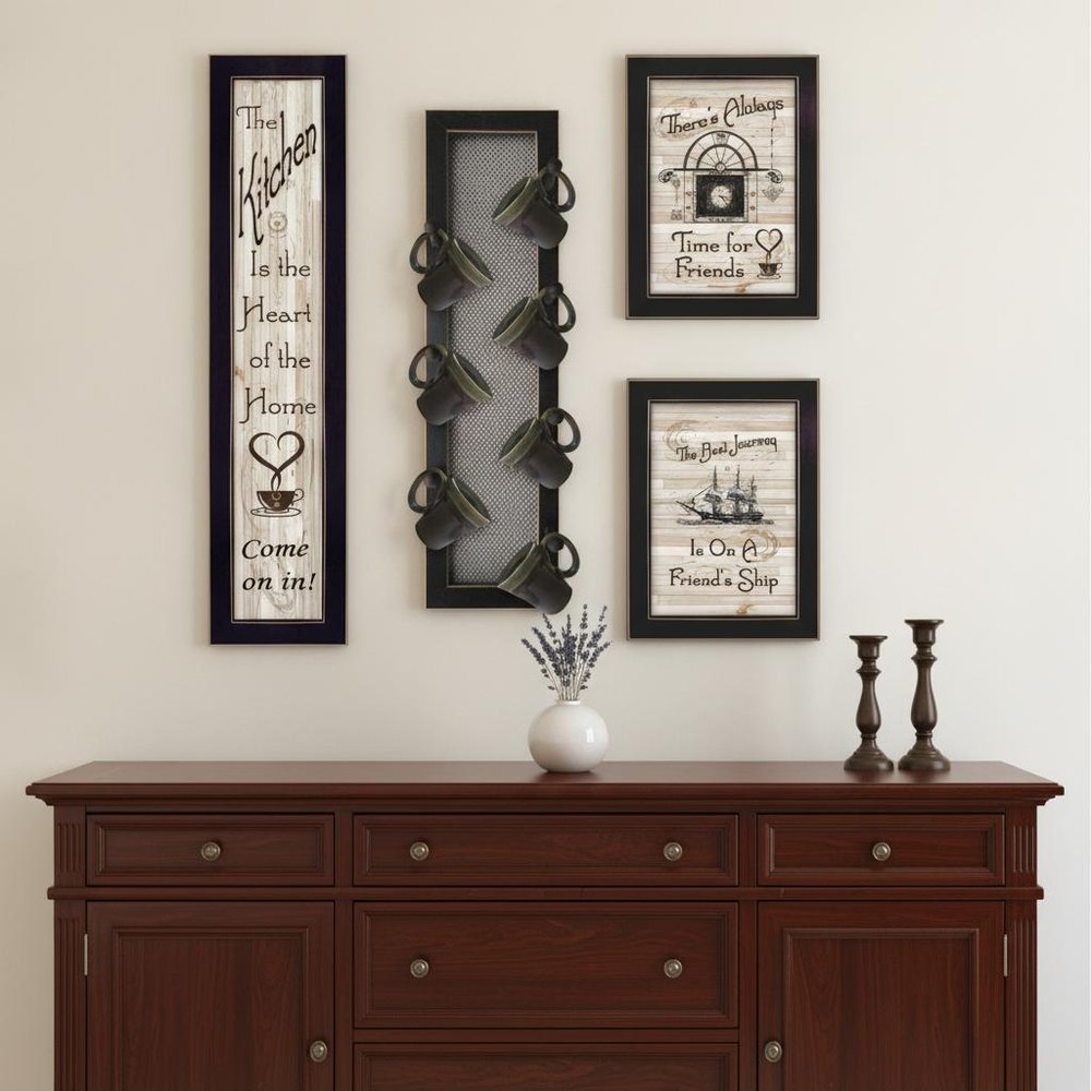 Set Of Four Kitchen Collection VII with Seven Peg Mug Rack 3 Black Framed Print Kitchen Wall Art