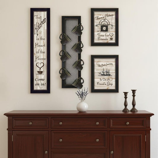 Set Of Four Kitchen Collection VII with Seven Peg Mug Rack 3 Black Framed Print Kitchen Wall Art