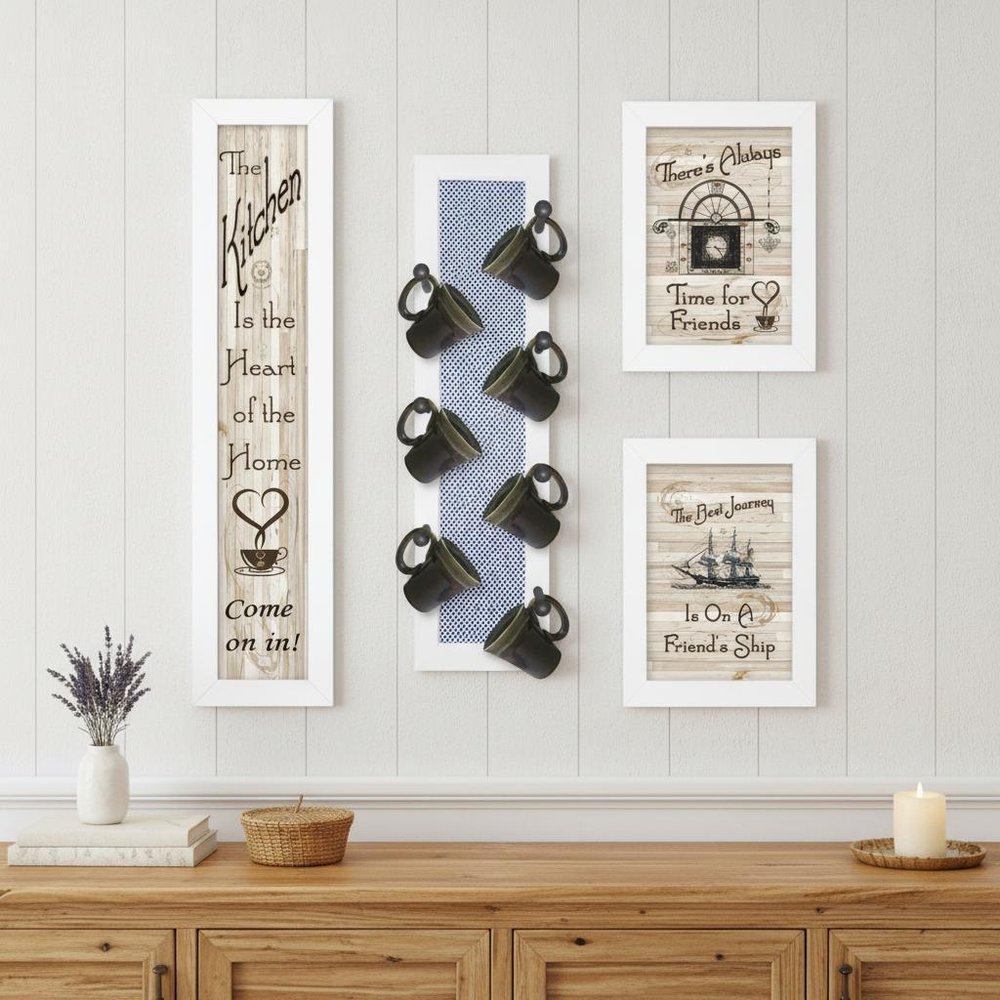 Set Of Four Kitchen Collection VII with Seven Peg Mug Rack 2 Black Framed Print Kitchen Wall Art