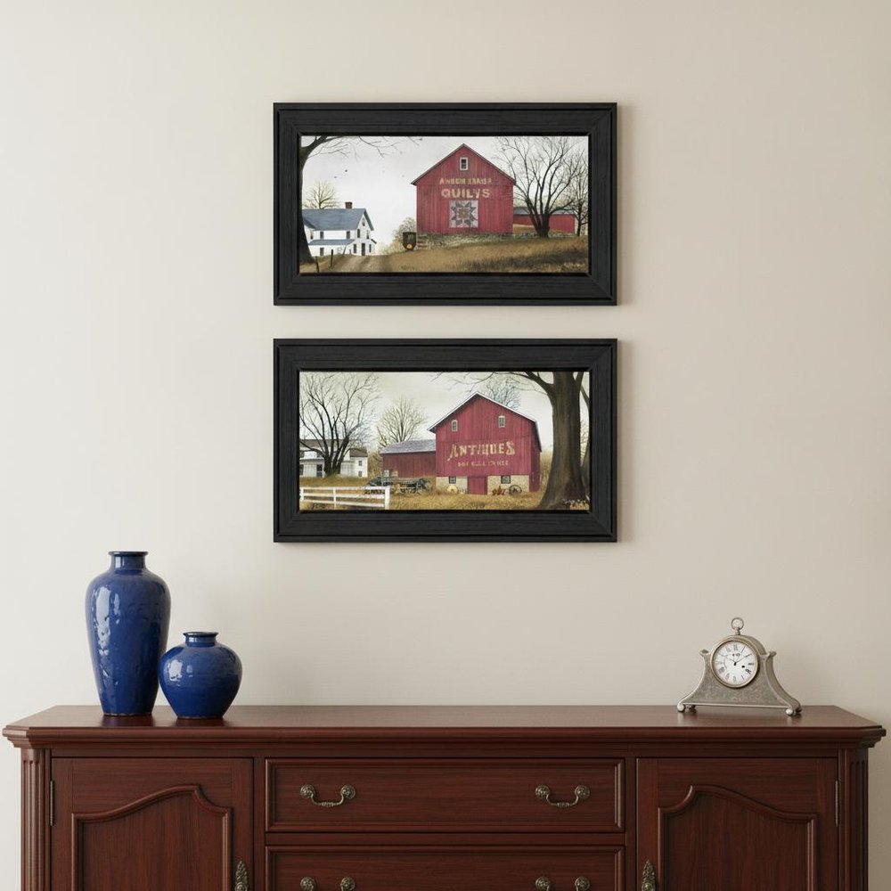 Set Of Two Antique Barn and Quilt Barn Black Framed Print Wall Art