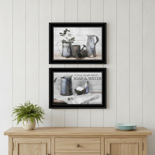Set Of Two Soap or Floral 2 Black Framed Print Bathroom Wall Art