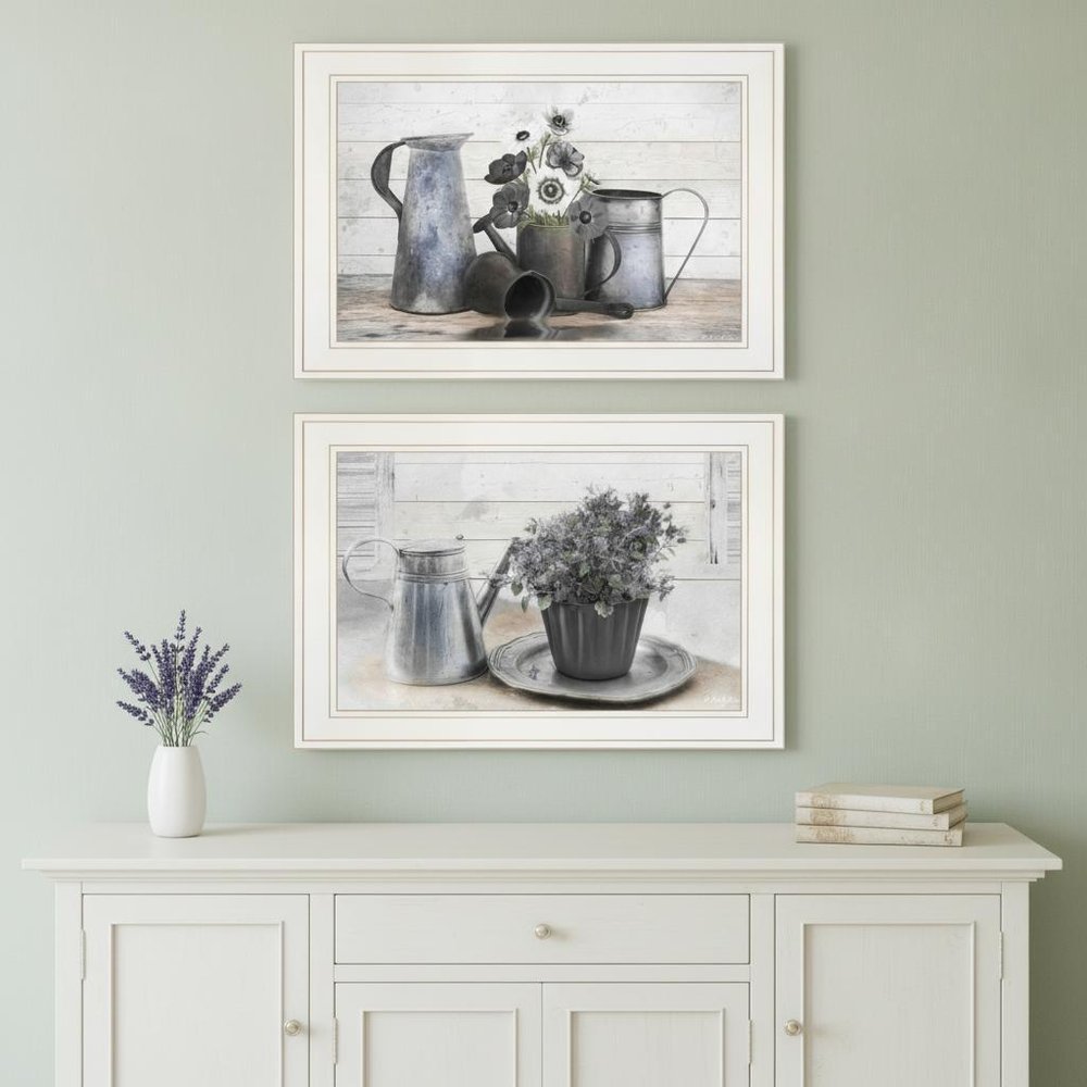 Set Of Two Floral with Tin Ware 1 White Framed Print Wall Art