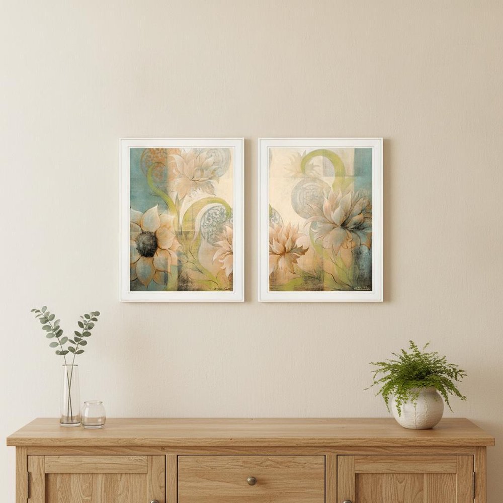 Set Of Two Meandering Flowers I and II 1 White Framed Print Wall Art