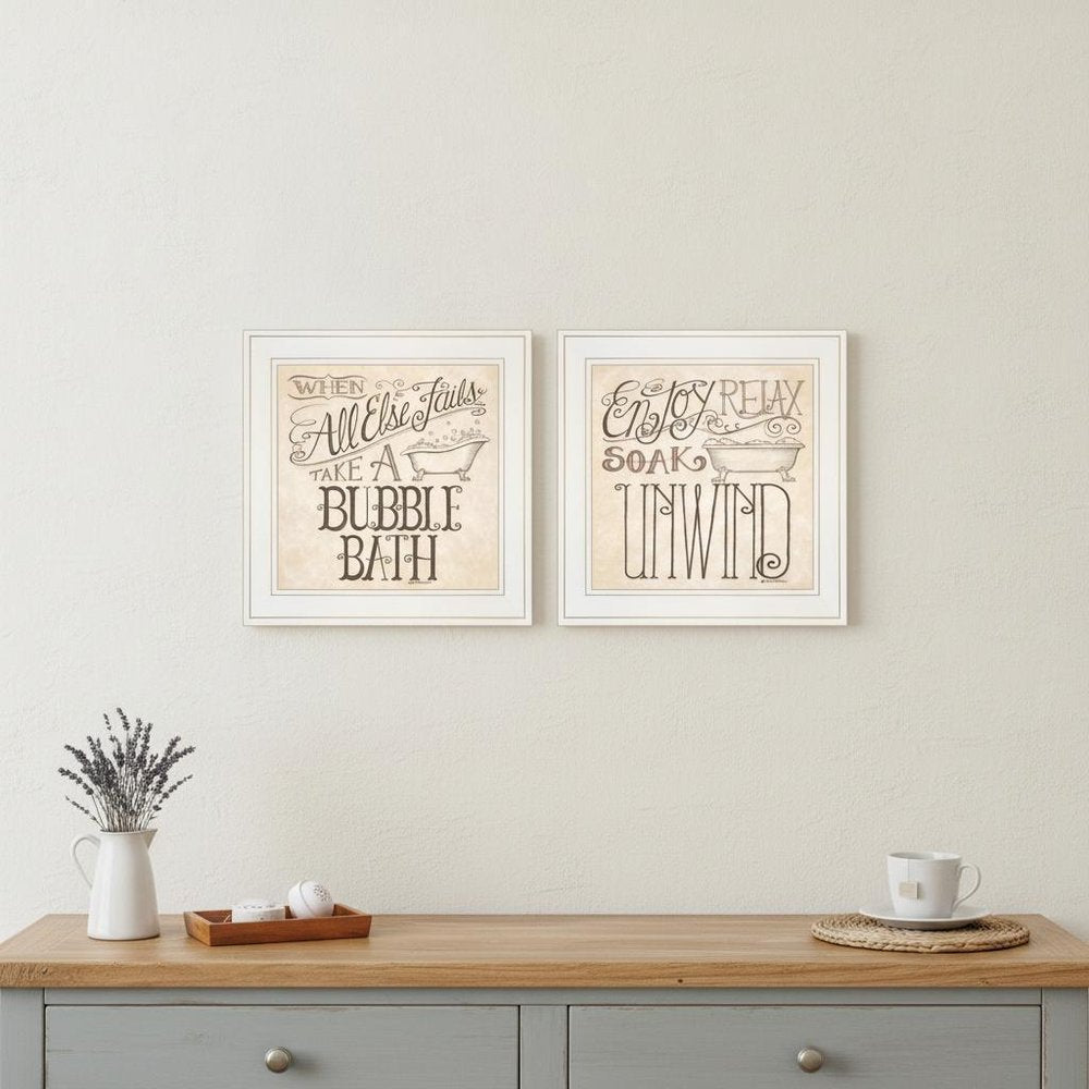 Set Of Two Soak and Unwind 2 White Framed Print Bathroom Wall Art