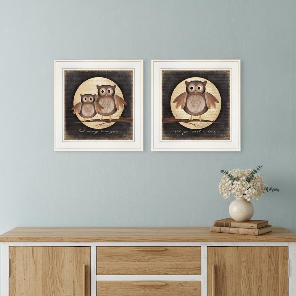 Set Of Two Owl Always Love and Need You 1 White Framed Print Wall Art