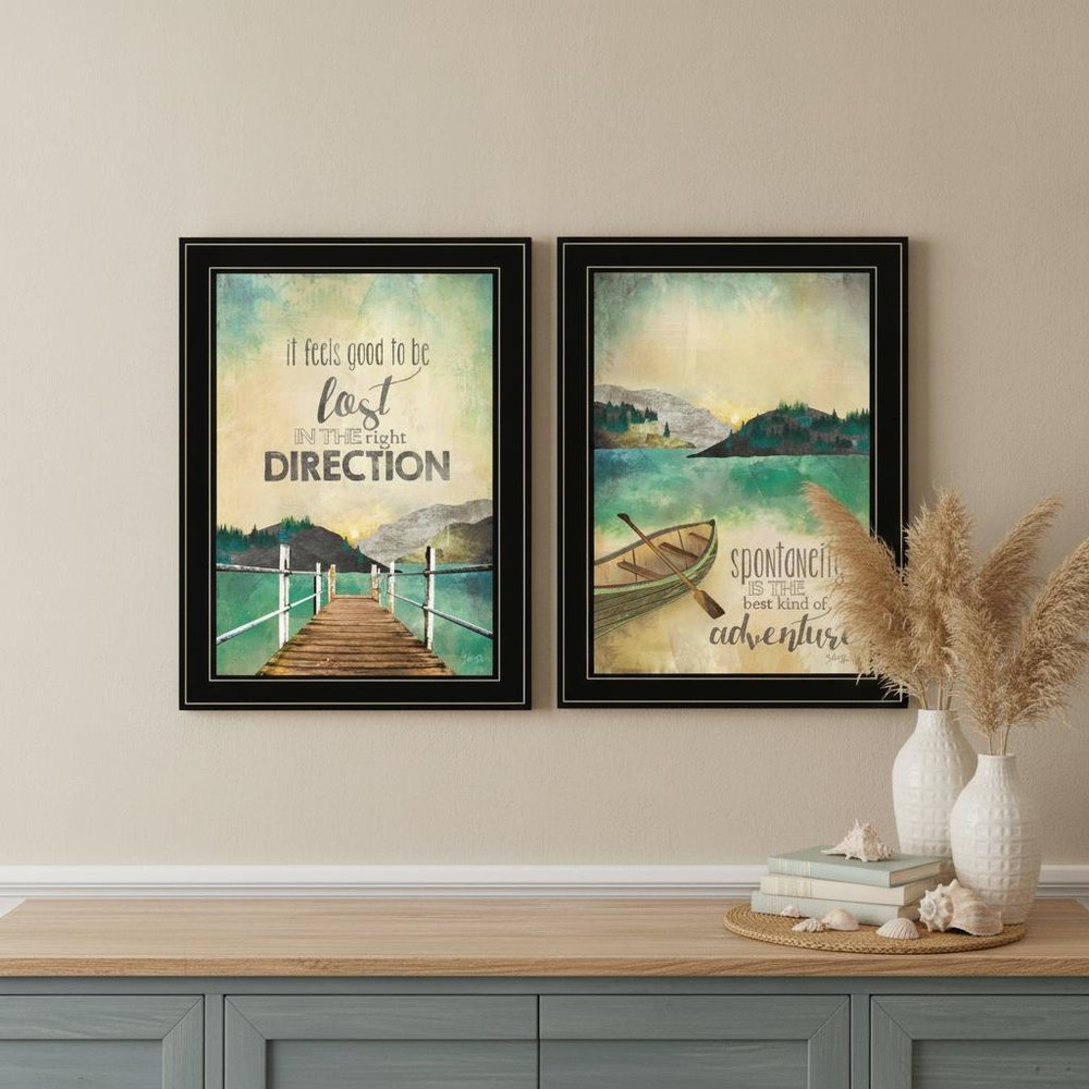 Set Of Two Right Direction or Adventure 2 Black Framed Print Wall Art