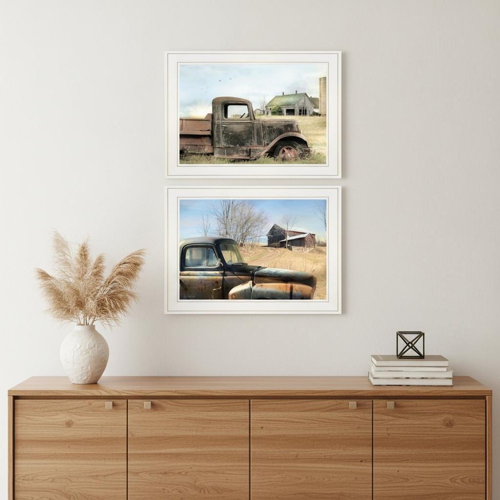 Set Of Two Vintage Farm Trucks 1 White Framed Print Wall Art