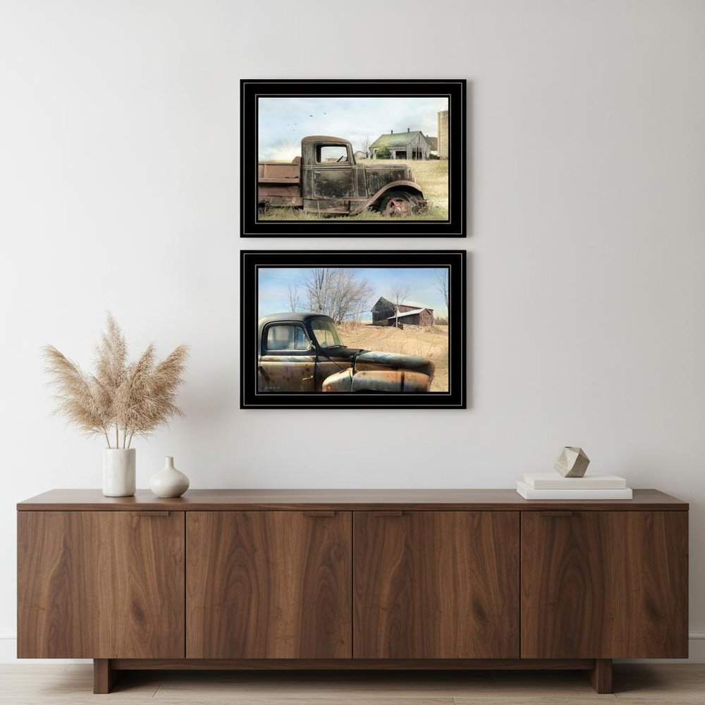 Set Of Two Vintage Farm Trucks 2 Black Framed Print Wall Art
