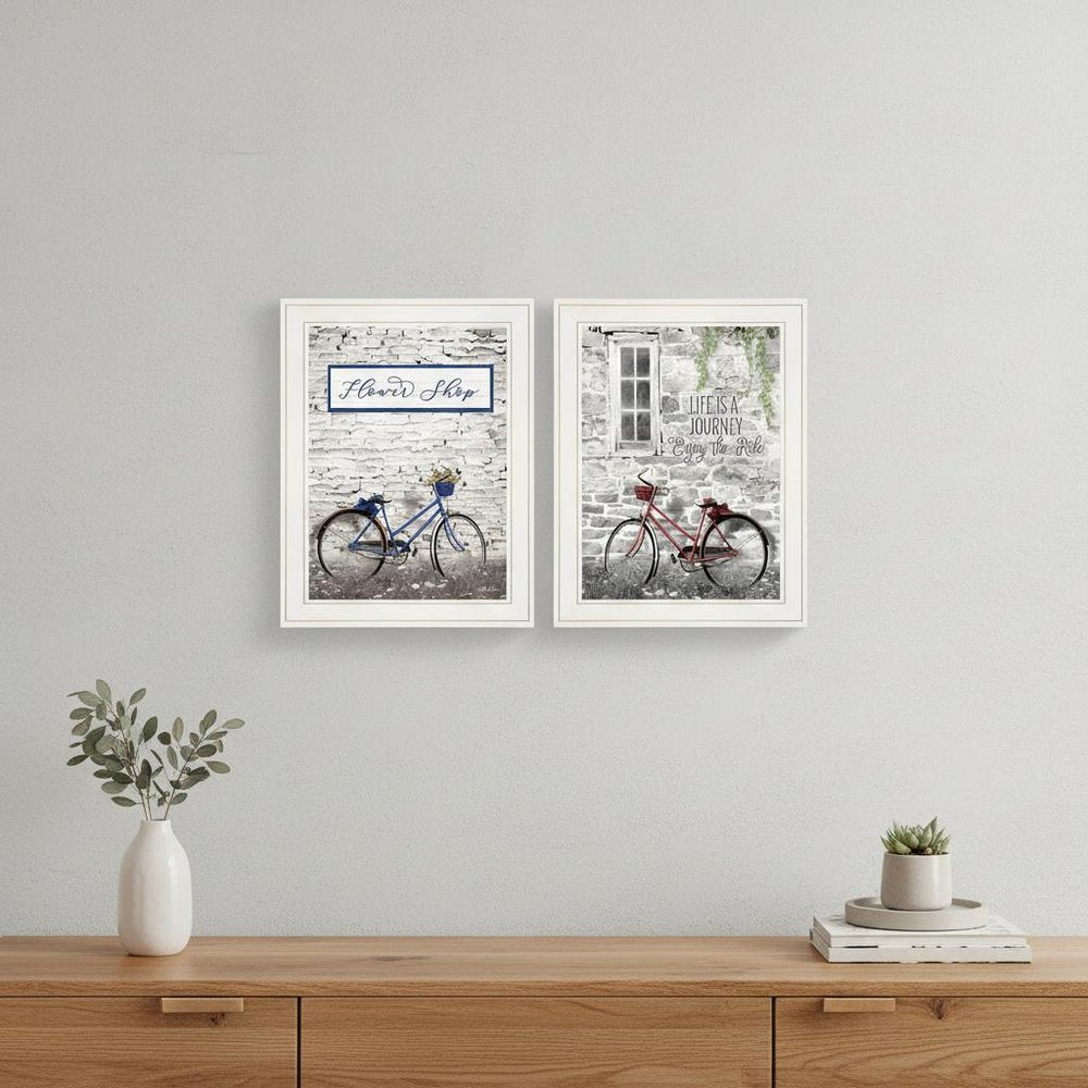 Set Of Two Romantic Bicycles 1 White Framed Print Wall Art