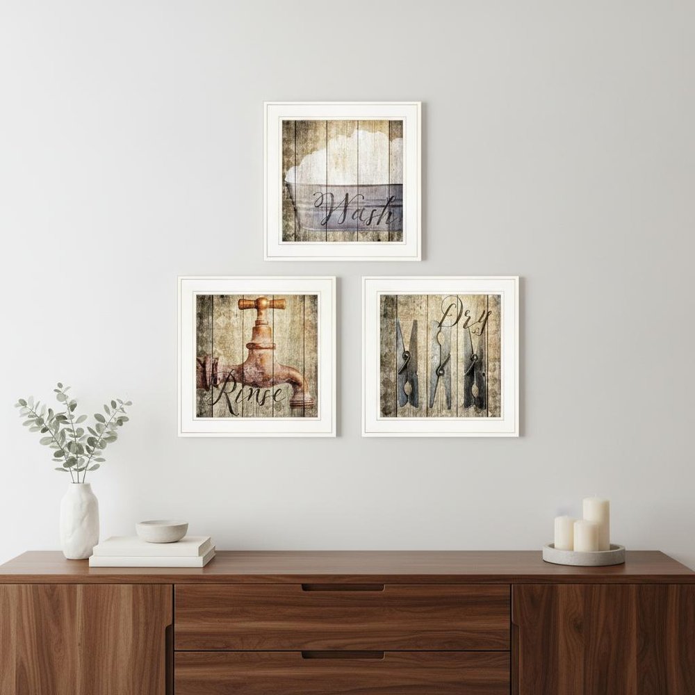 Set Of Three Wash 1 White Framed Print Bathroom Wall Art