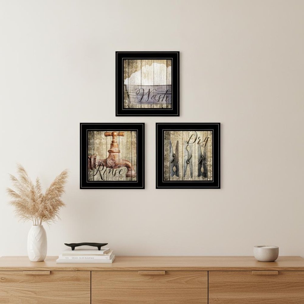 Set Of Three Wash 2 Black Framed Print Bathroom Wall Art