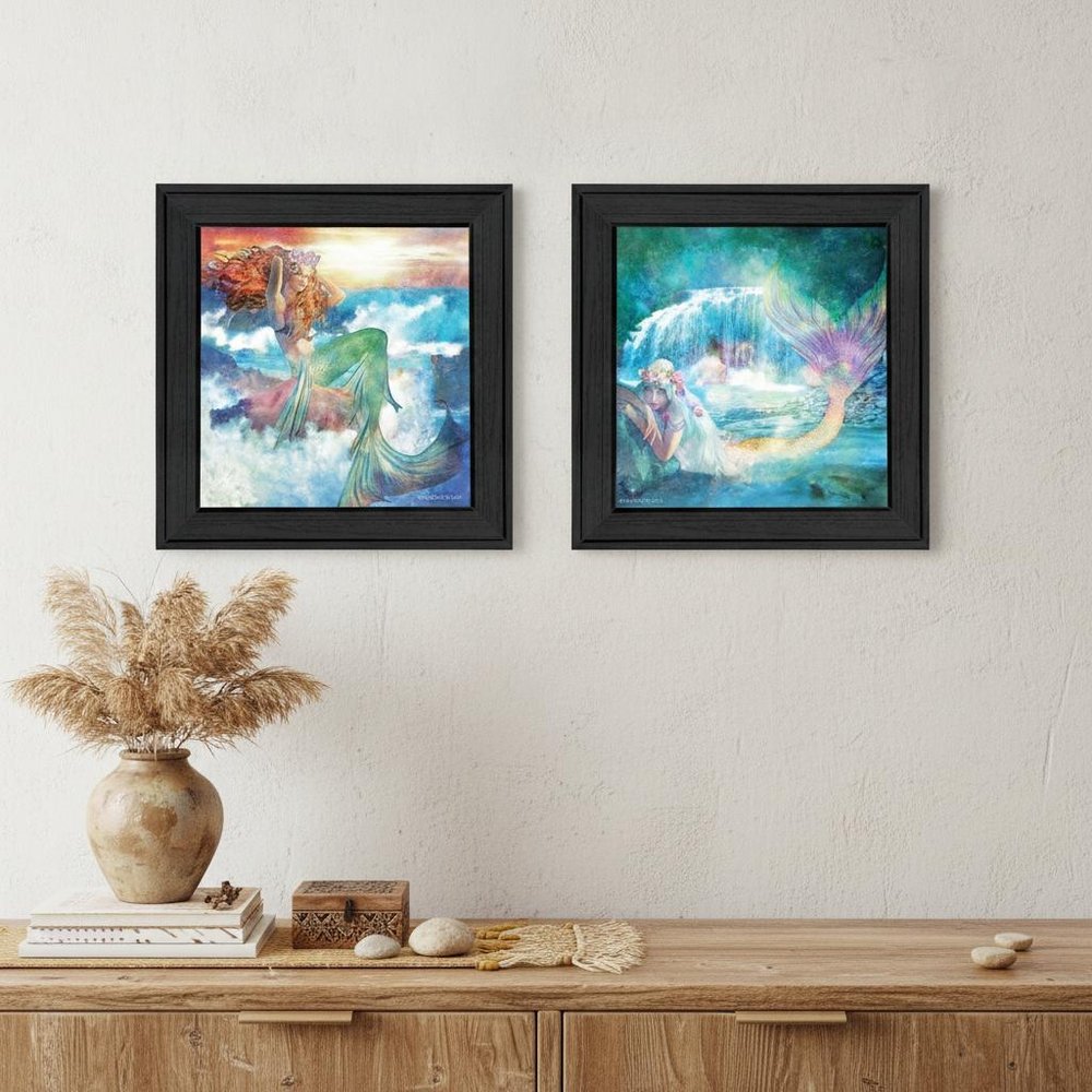 Set Of Two Mermaids 2 Black Framed Print Wall Art