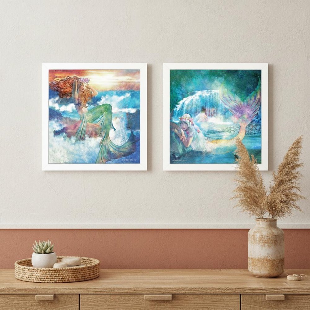Set Of Two Mermaids 3 White Framed Print Wall Art