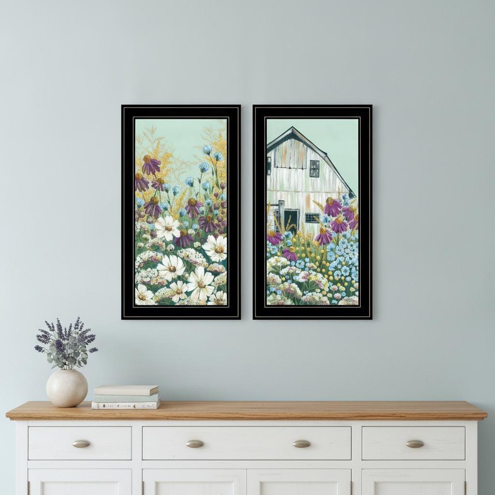 Set Of Two Floral Field 2 Black Framed Print Wall Art