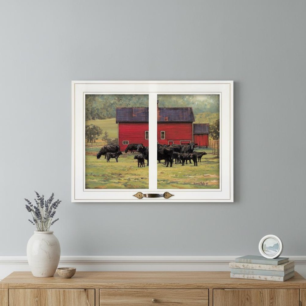 By the Red Barn Herd of Angus 1 White Framed Print Wall Art
