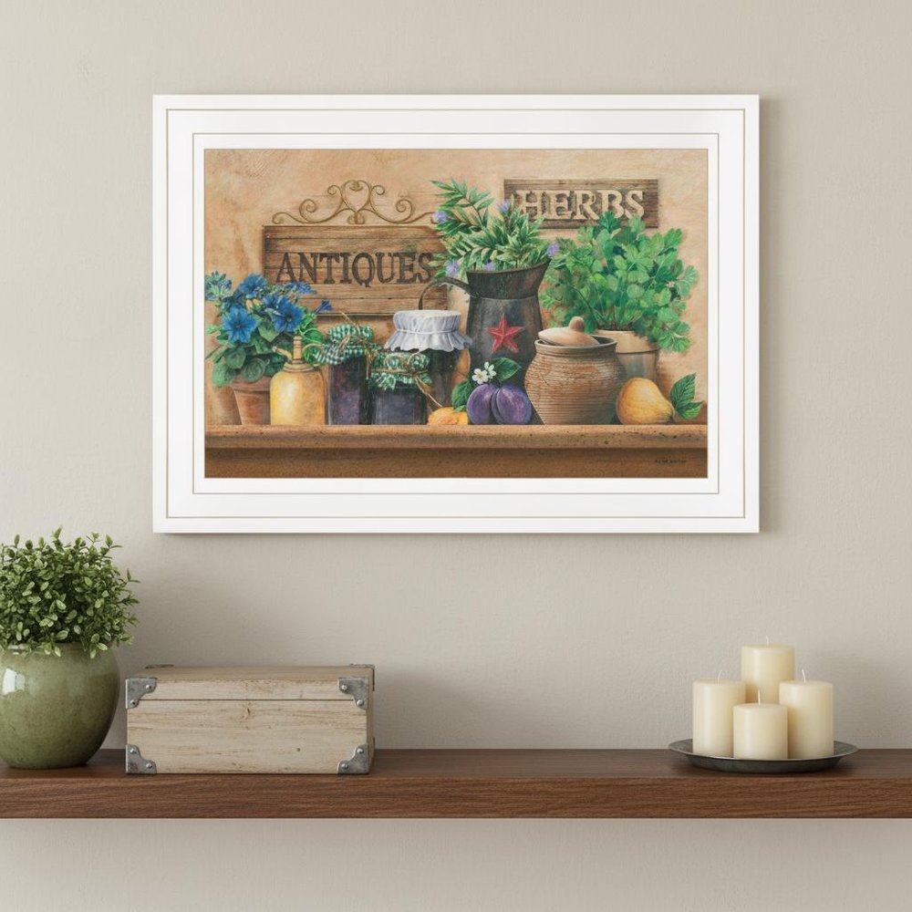 Antiques and Herbs 1 White Framed Print Kitchen Wall Art