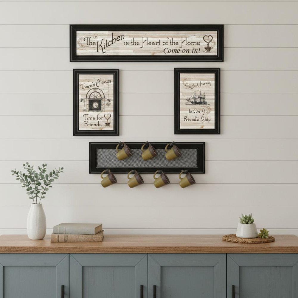 Set Of Four Kitchen Wall Art and Mug Rack