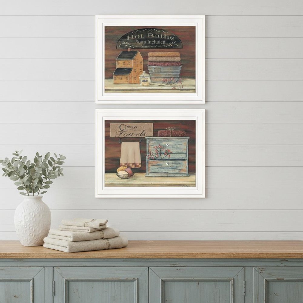 Set Of Two Hot Bath or Clean Towels 1 White Framed Print Bathroom Wall Art