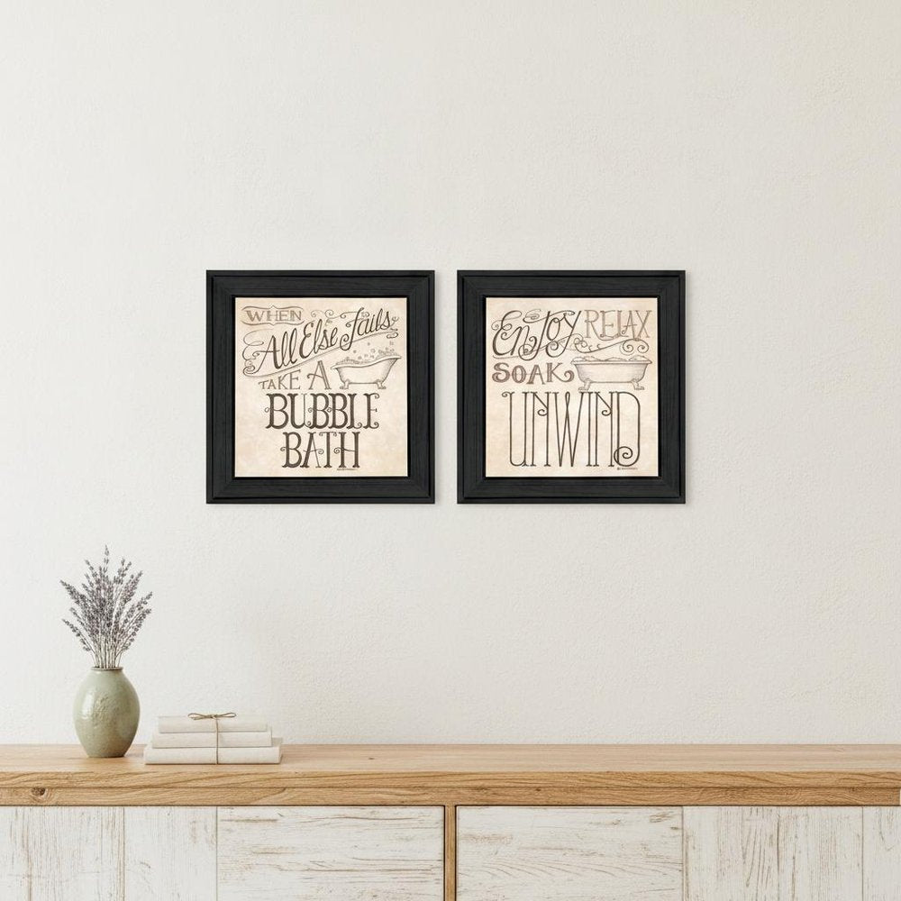 Set Of Two Soak and Unwind 1 Black Framed Print Bathroom Wall Art