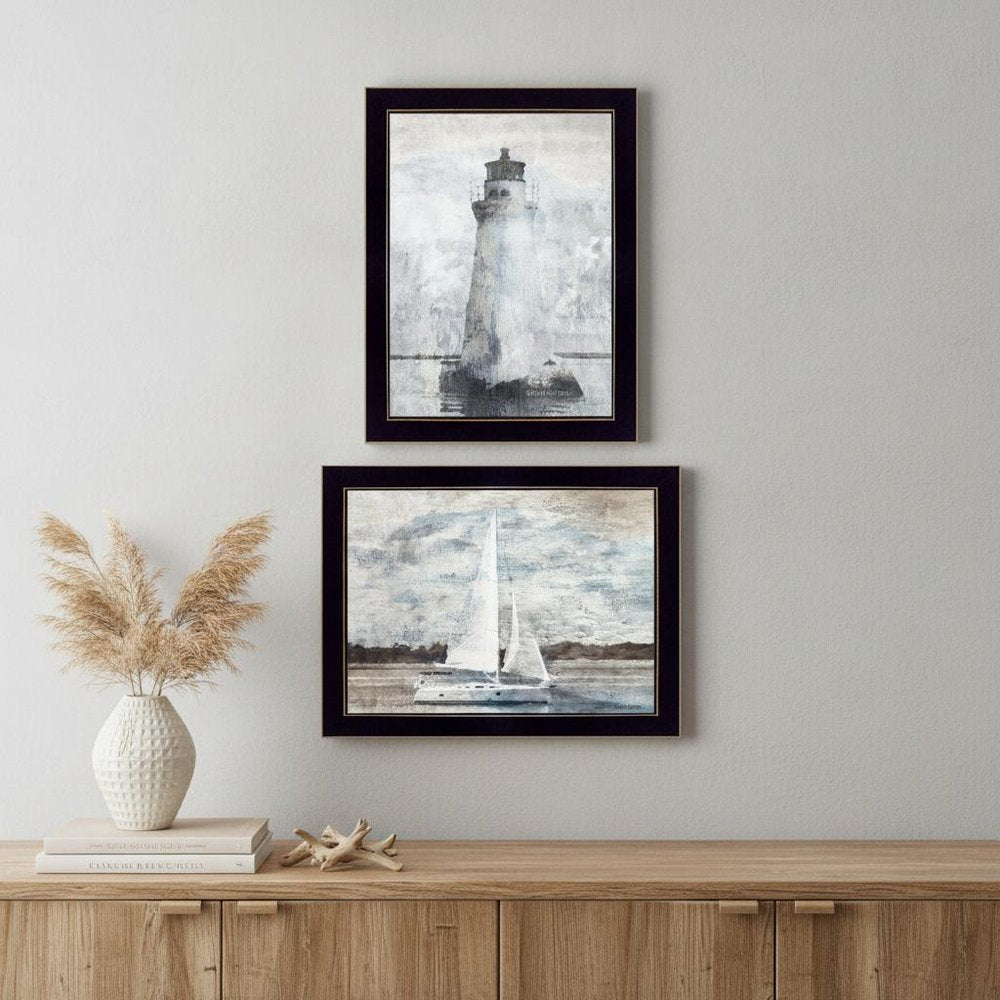 Set Of Two Lighthouse Sailboat Black Single Rim Framed Print Wall Art