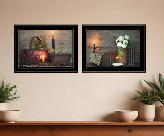 Set Of Two Baskets and Flowers Black Framed Print Wall Art