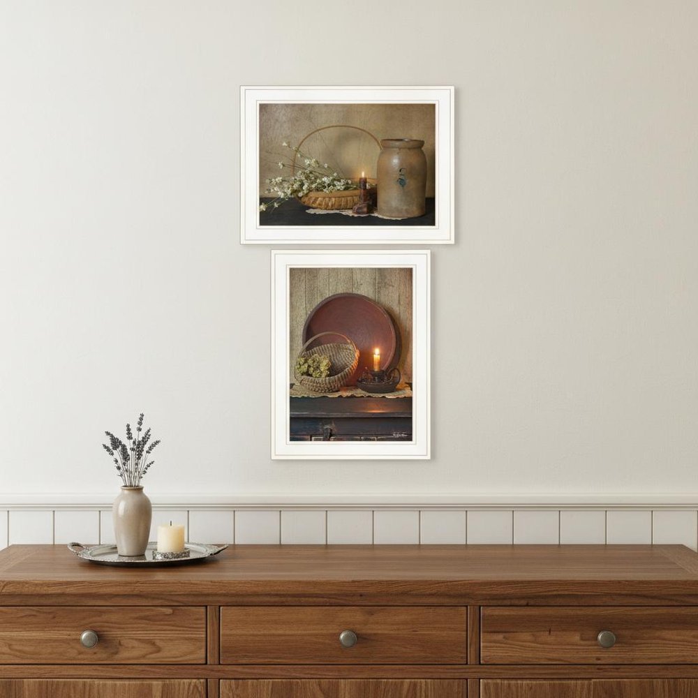 Set Of Two Candle Light and Flowers 1 White Framed Print Wall Art