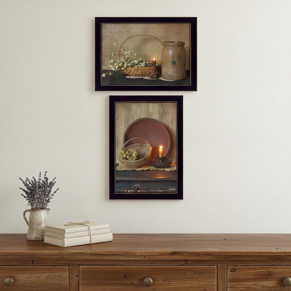Set Of Two Candle Light and Flowers 3 Black Framed Print Wall Art