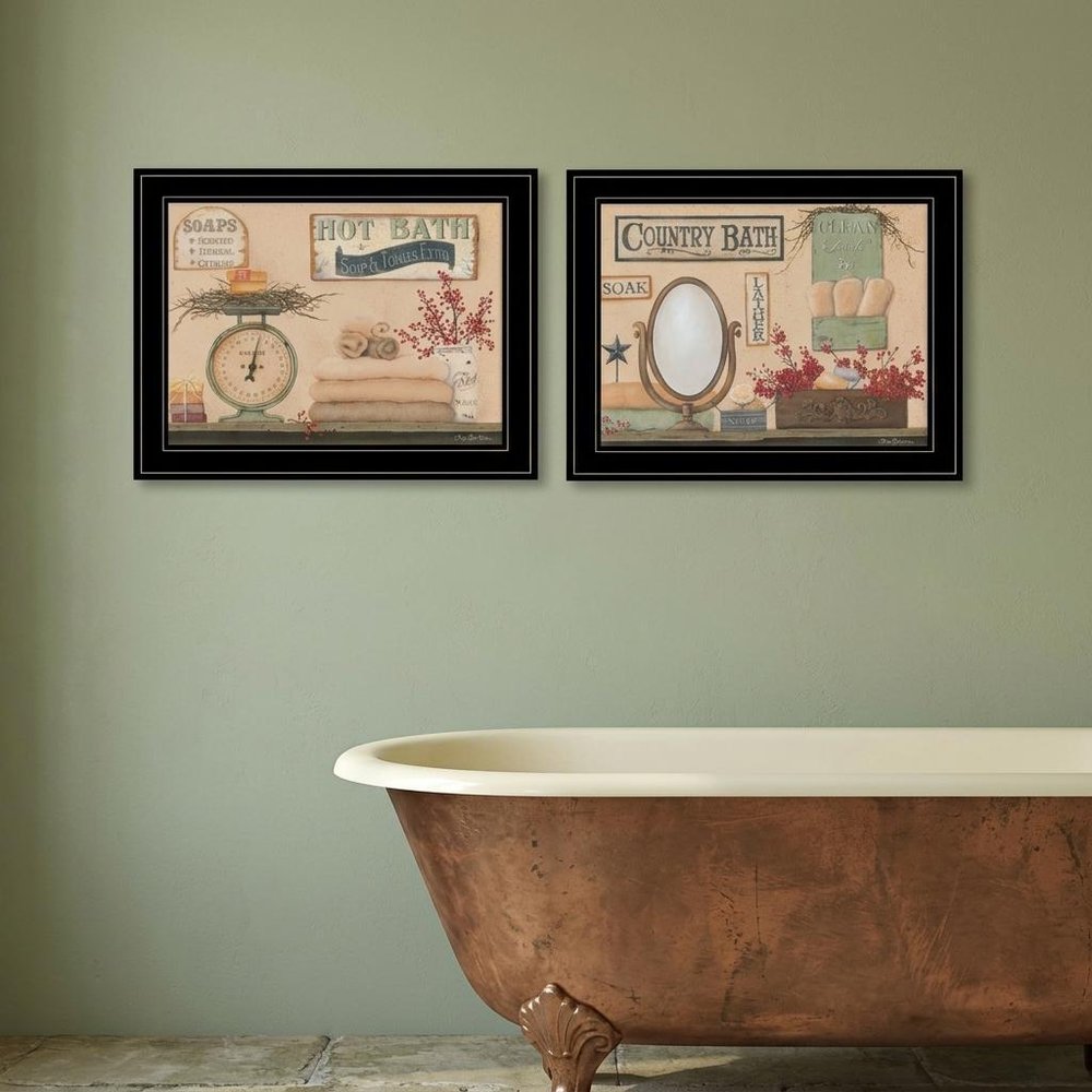 Set Of Two Country Bath III 2 Black Framed Print Bathroom Wall Art