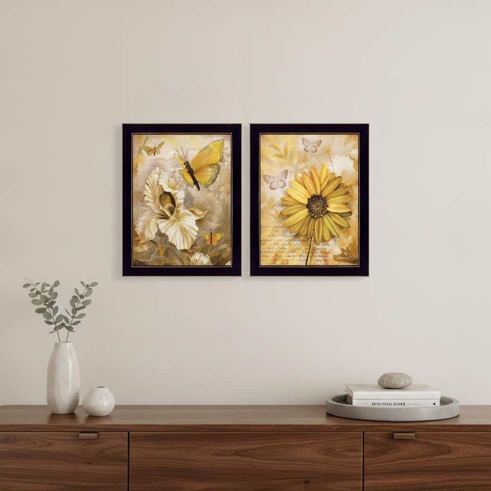 Set Of Two Flowers and Butterflies 3 Black Framed Print Wall Art