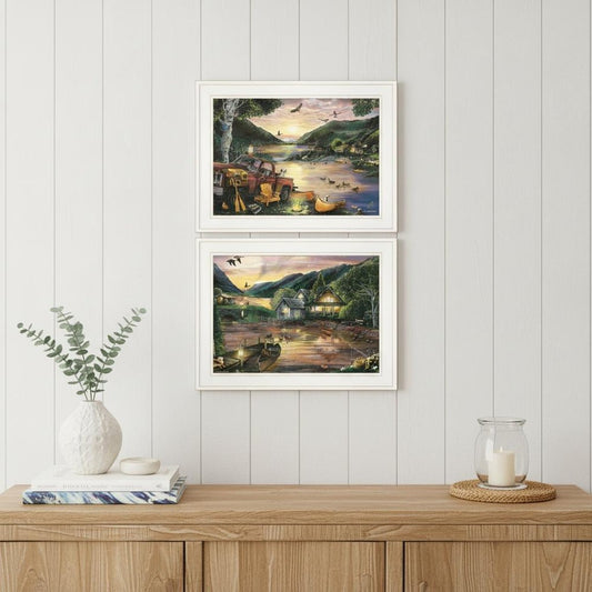 Set Of Two Lakefront Camping 1 White Framed Print Wall Art
