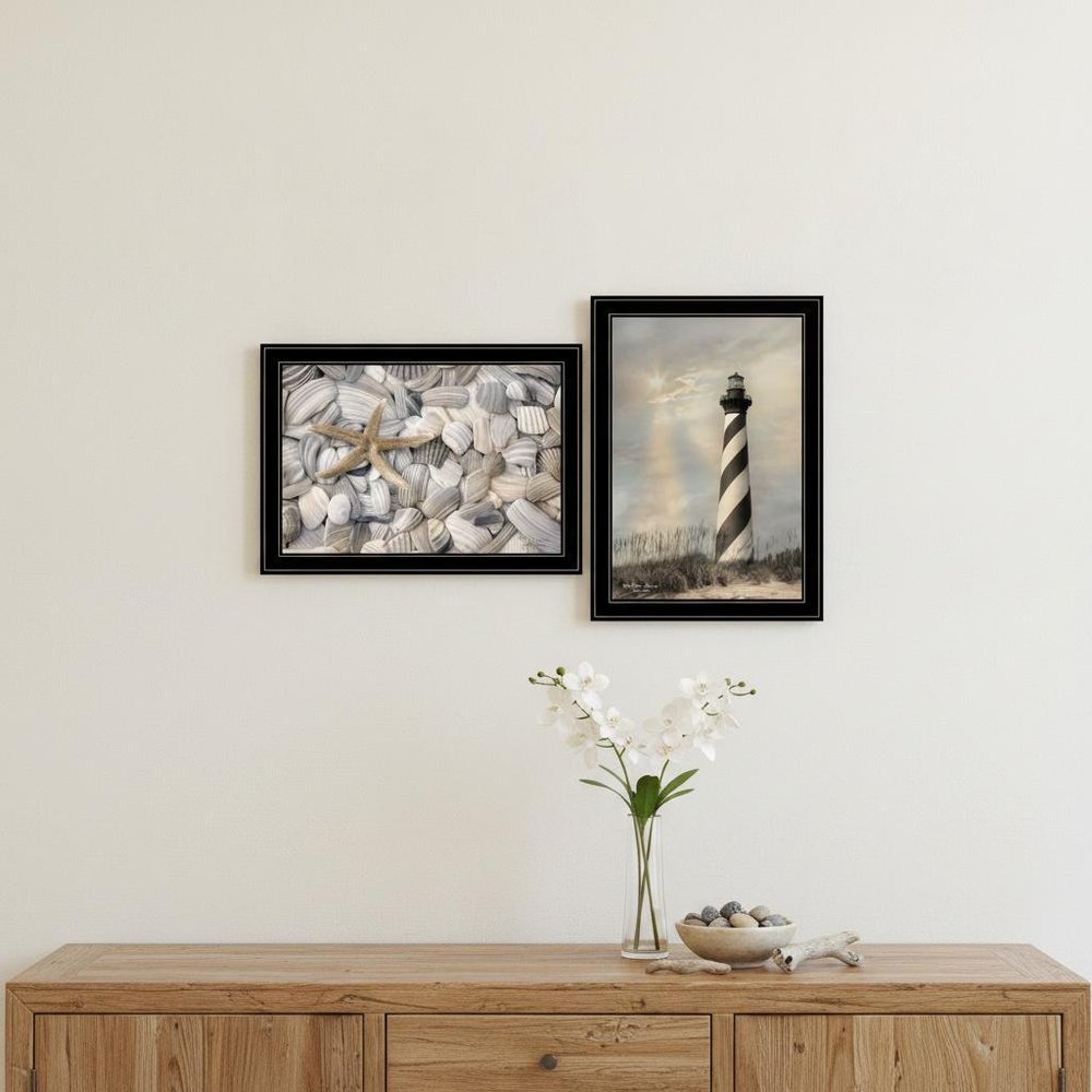 Set Of Two Cape Hatteras Lighthouse and Sea Shells 4 Black Framed Print Wall Art