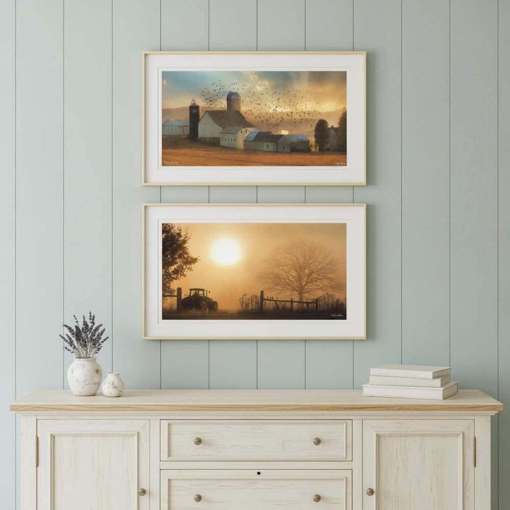 Set Of Two Farm Country Sunrise White Framed Print Wall Art