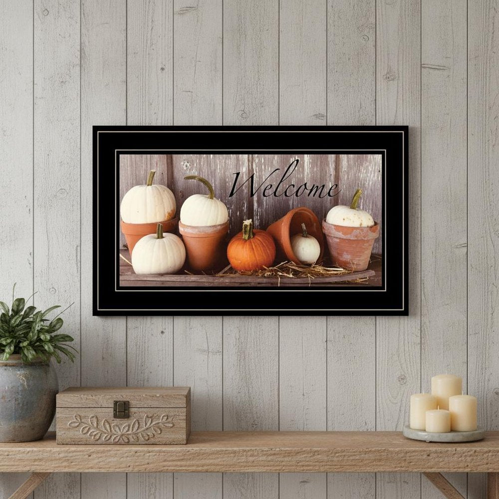 Welcome Pumpkin Shelf 2 Black Framed Print Wall Art